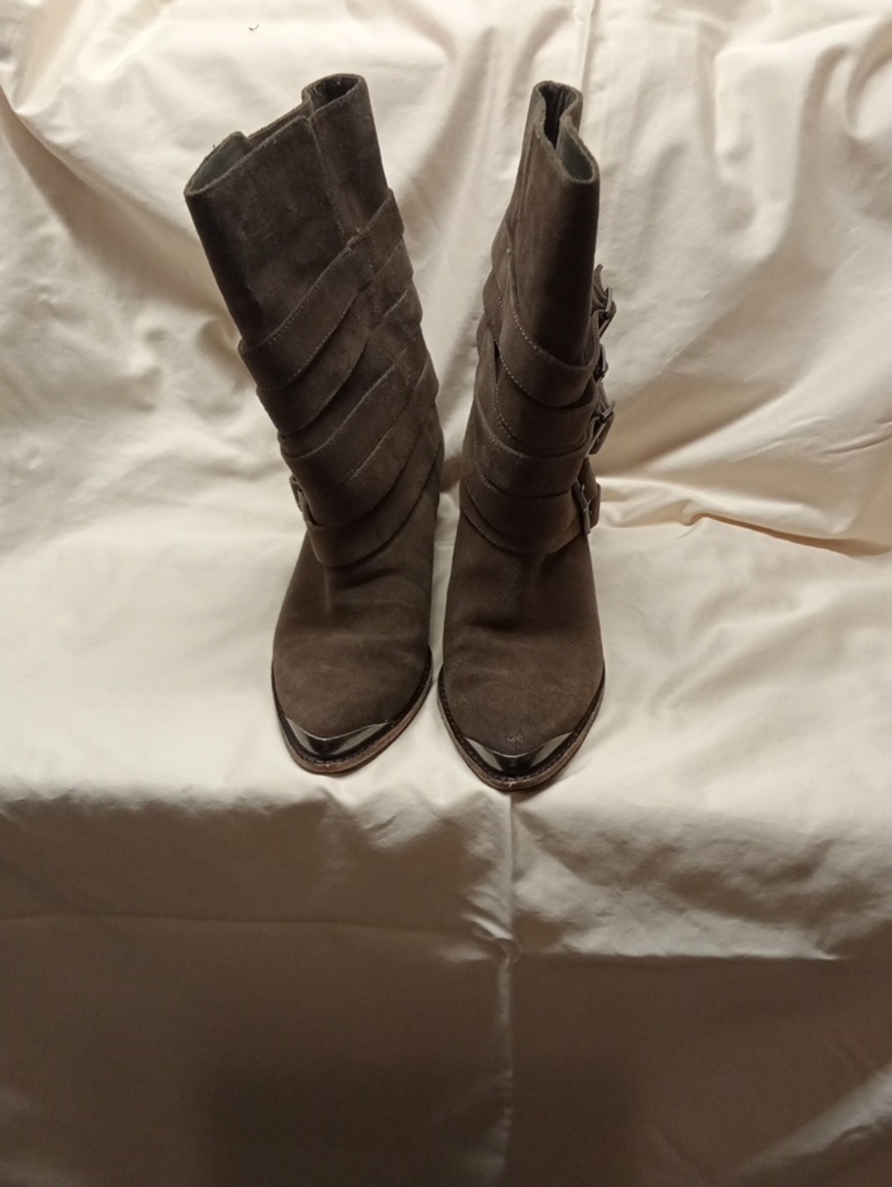 Splendid Dark Brown Suede Mid-Calf Heeled Boots with Buckle Straps
